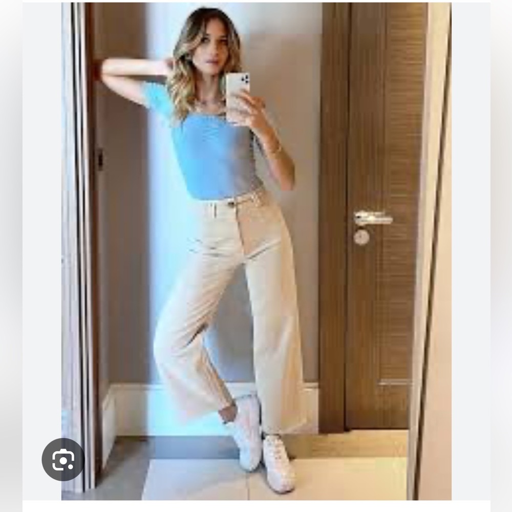 Stradivarius straight cropped wide leg jeans in beige